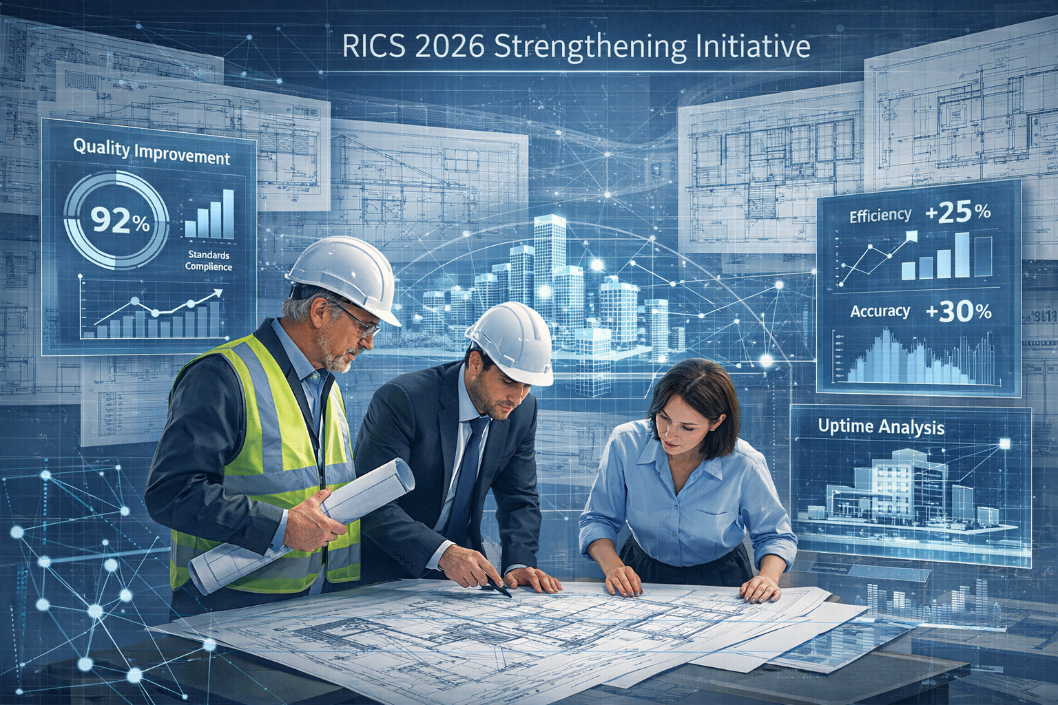 A sophisticated architectural visualization depicting the RICS 2026 Strengthening Initiative context, featuring a large blueprint-style back