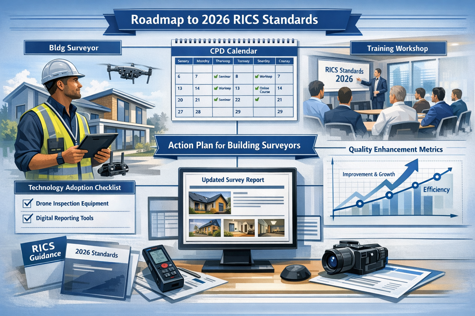 Detailed landscape format (1536x1024) image showing practical implementation roadmap for building surveyors adapting to 2026 RICS standards.