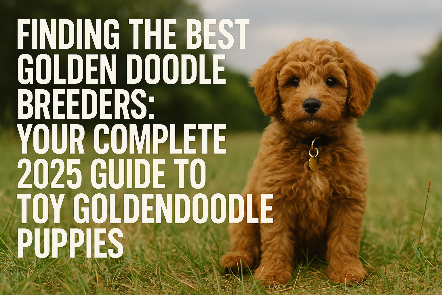 Professional landscape hero image (1536x1024) with bold text overlay: "Finding the Best Golden Doodle Breeders: Your Complete 2025 Guide to