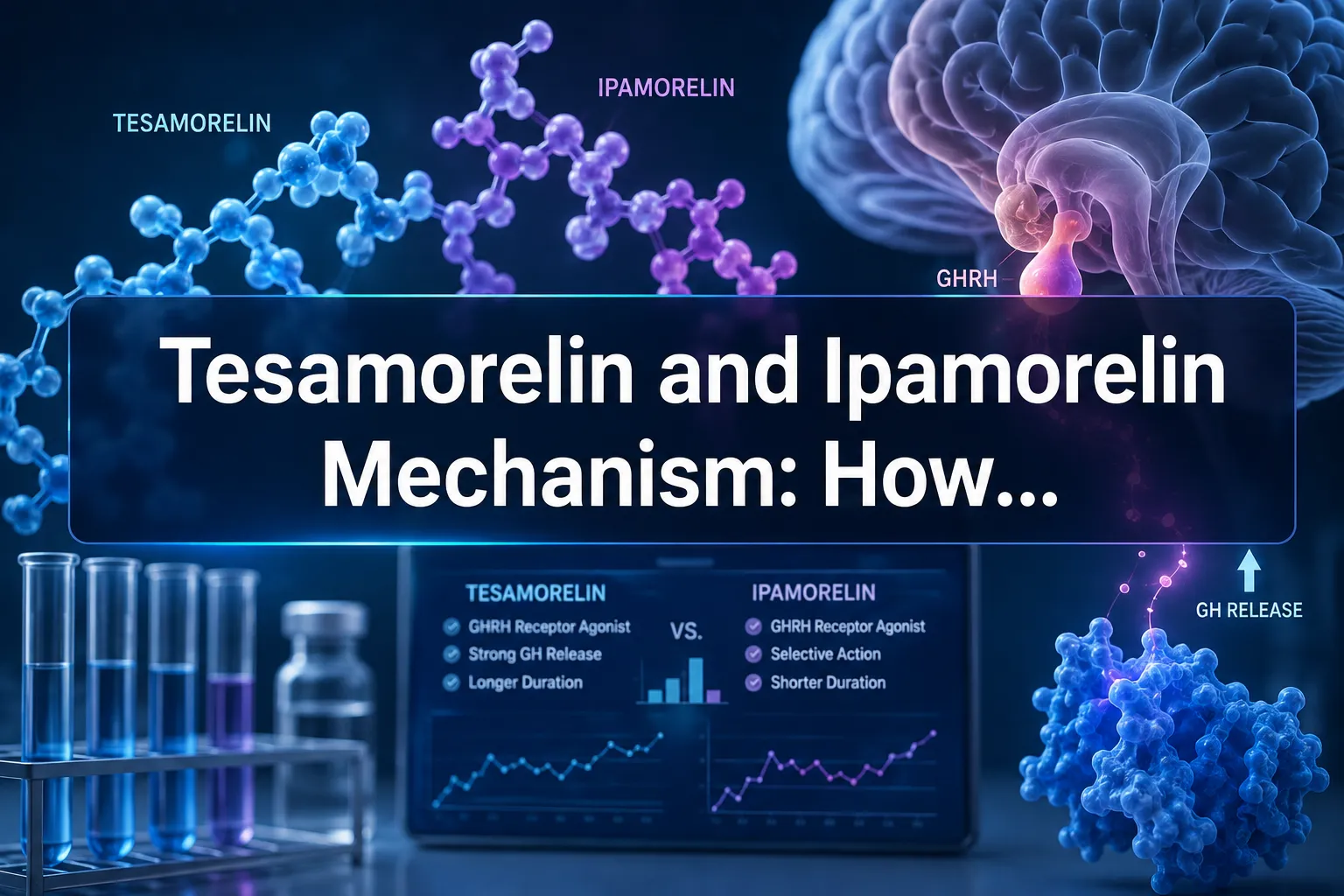 Professional landscape hero image () with a reading "Tesamorelin and Ipamorelin Mechanism: How…". CRITICAL TYPOGRAPHY RULES: