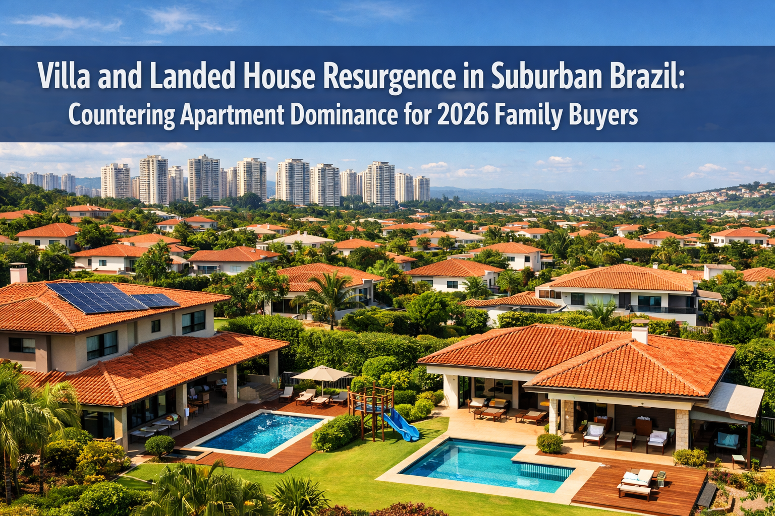Professional landscape format (1536x1024) hero image featuring bold text overlay 'Villa and Landed House Resurgence in Suburban Brazil: Coun