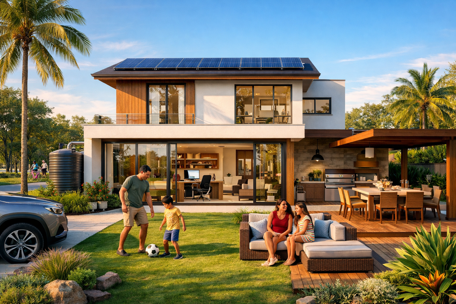 Landscape format (1536x1024) detailed architectural visualization of modern Brazilian suburban villa showcasing 2026 family buyer preference