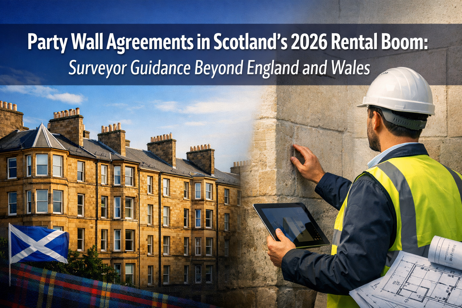 Professional landscape format (1536x1024) hero image featuring bold text overlay 'Party Wall Agreements in Scotland's 2026 Rental Boom: Surv