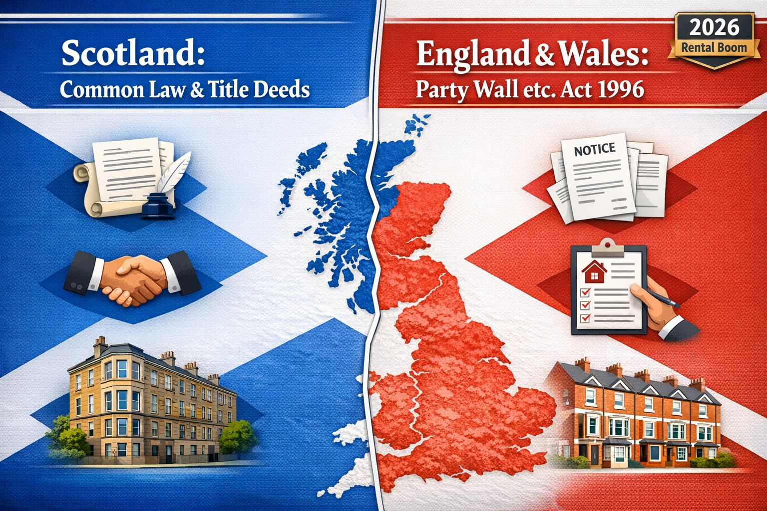 Detailed landscape format (1536x1024) image showing professional comparison infographic of Scottish property law versus English Party Wall A