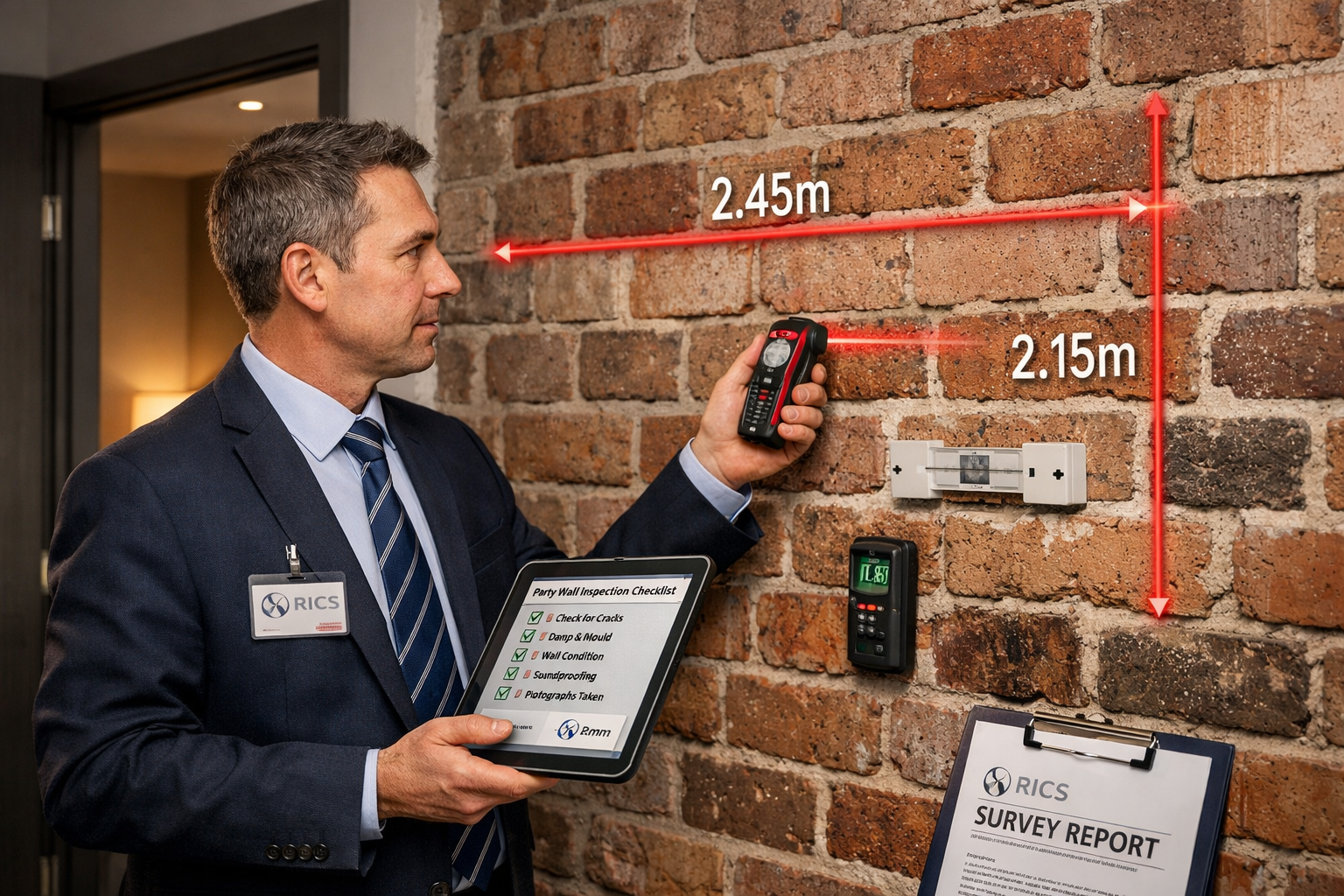 Detailed landscape format (1536x1024) image depicting Scottish rental property surveyor conducting party wall inspection in modern Glasgow o