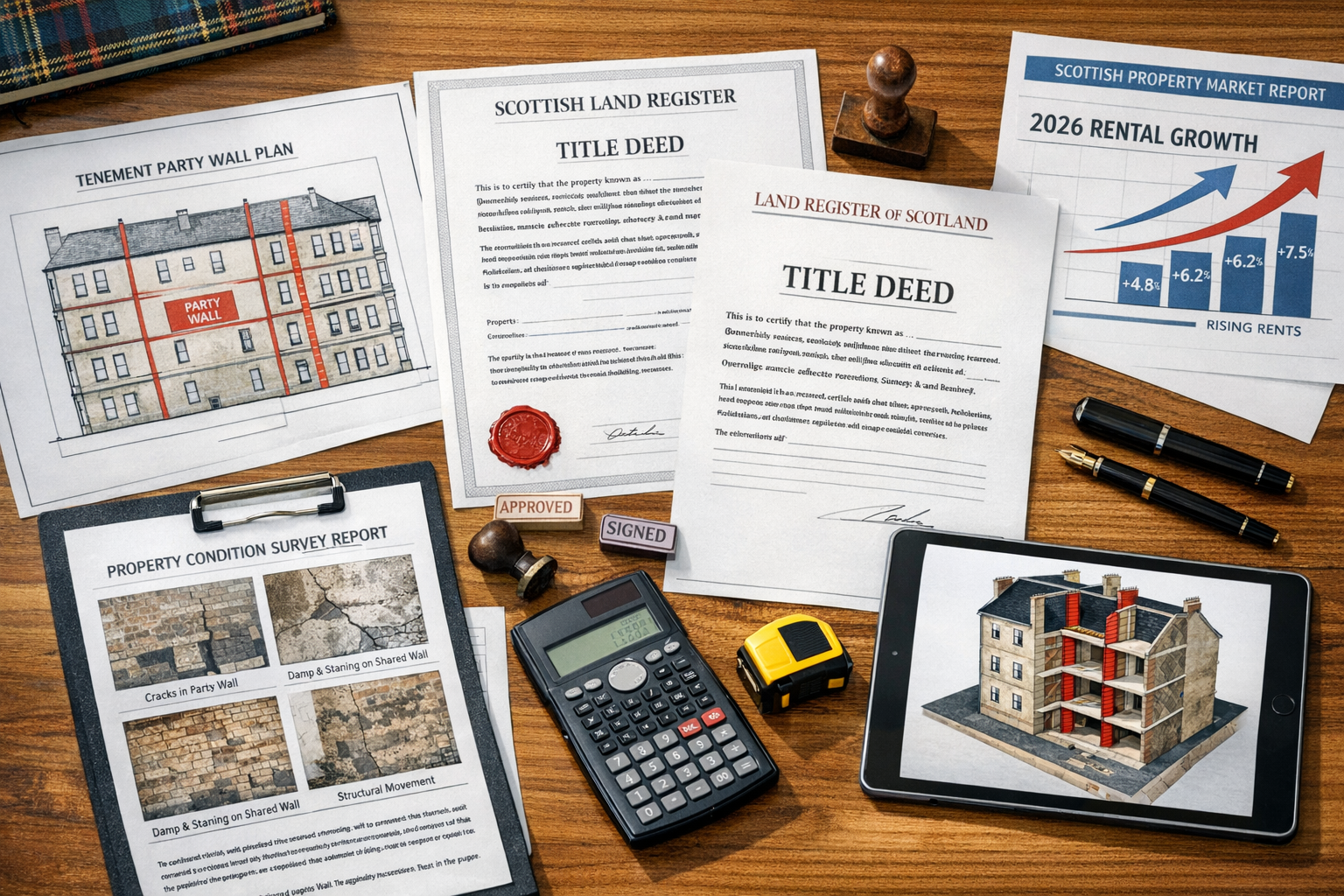 Detailed landscape format (1536x1024) image showing aerial view of surveyor's desk covered with Scottish rental property documentation and p