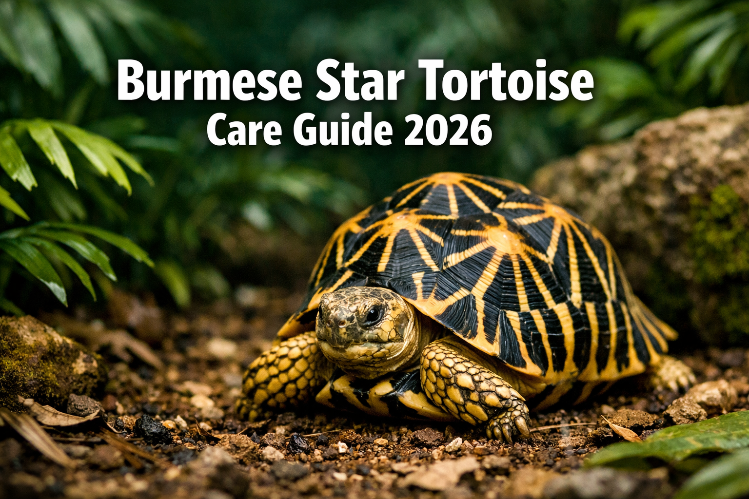 Professional landscape hero image (1536x1024) featuring bold text overlay 'Burmese Star Tortoise Care Guide 2026' in extra large 72pt white 
