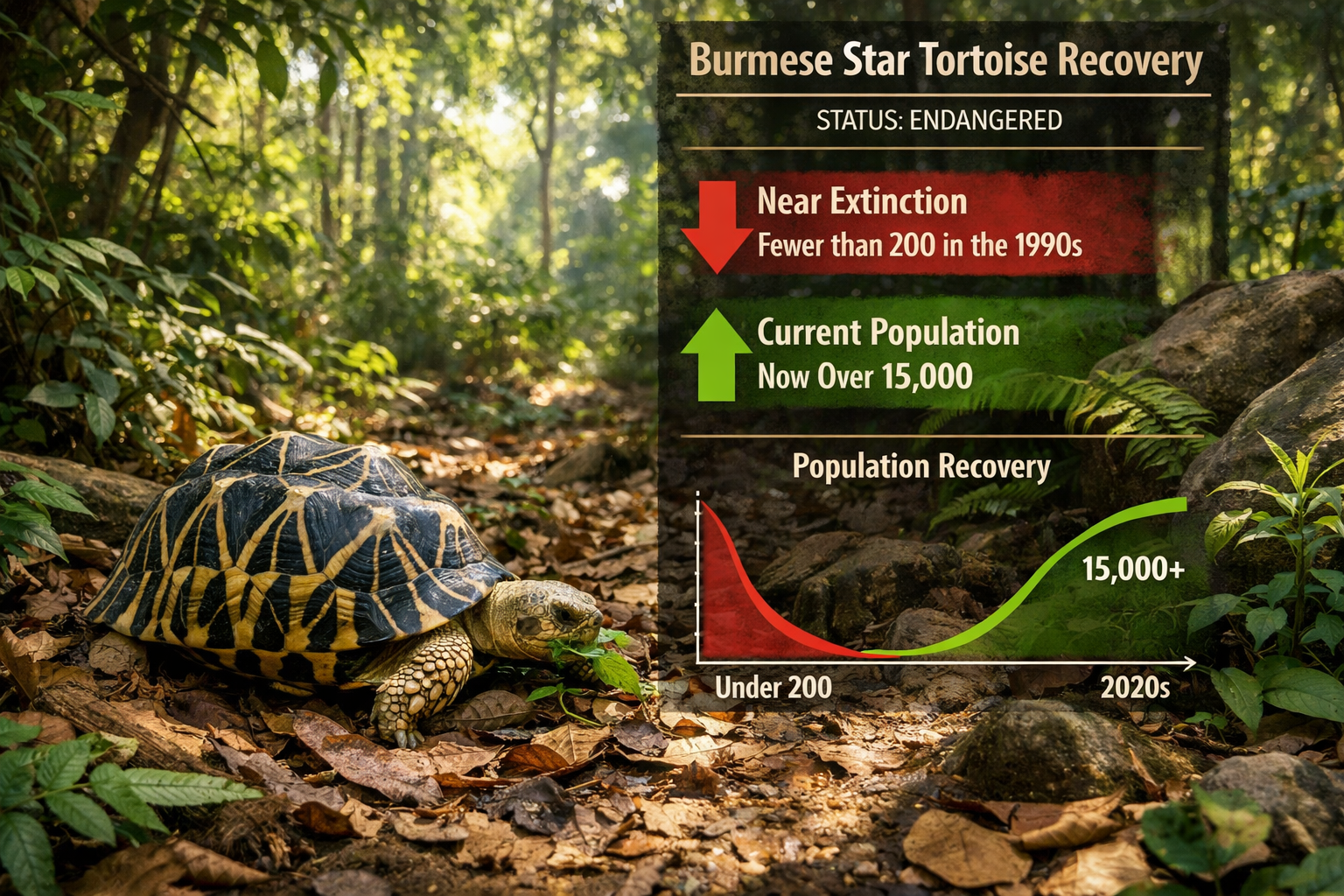 Detailed landscape image (1536x1024) showing Burmese star tortoise natural habitat in Myanmar forests with lush tropical vegetation, dappled