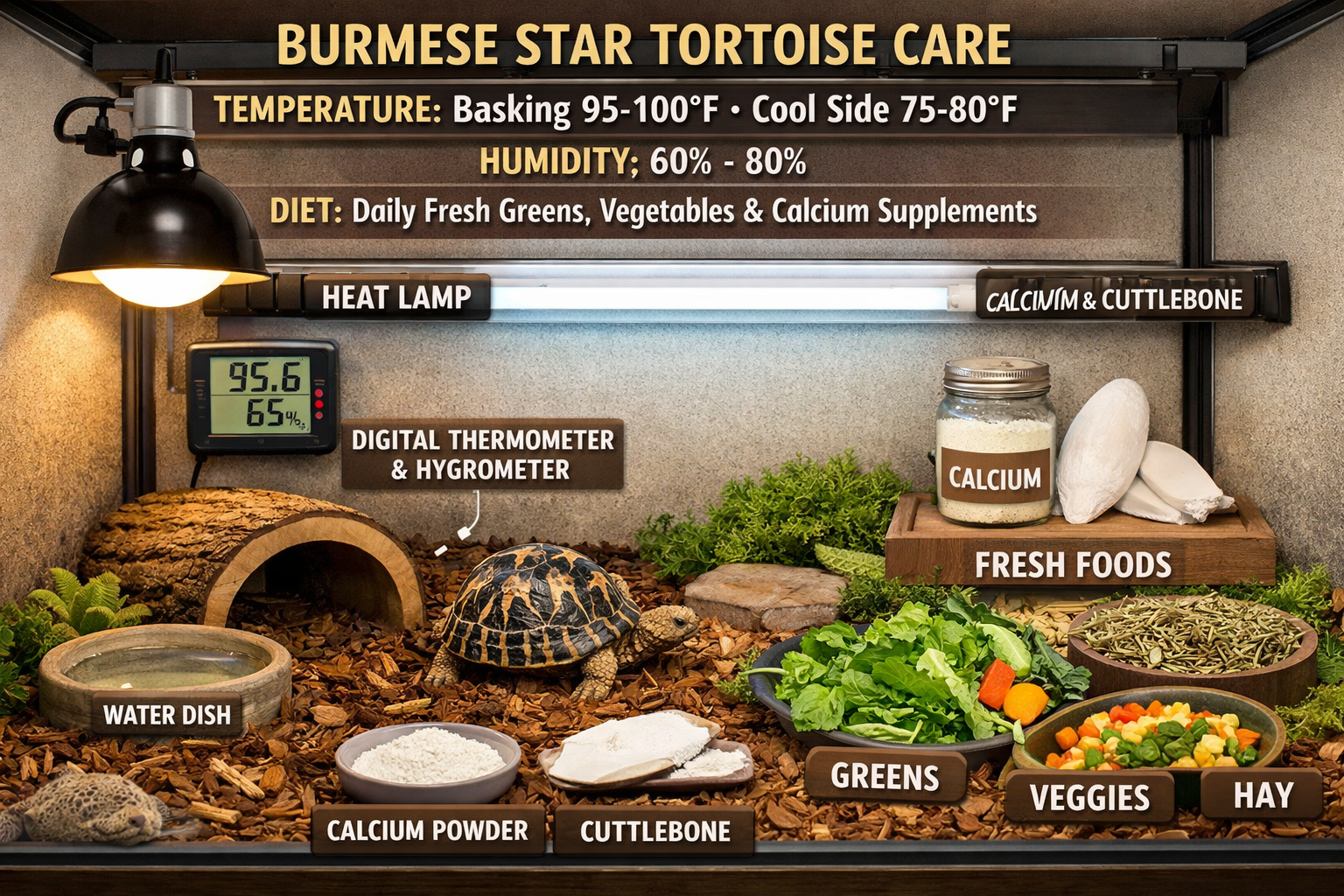 Professional tortoise care setup photograph (1536x1024) displaying proper indoor Burmese star tortoise enclosure with UVB lighting fixtures,