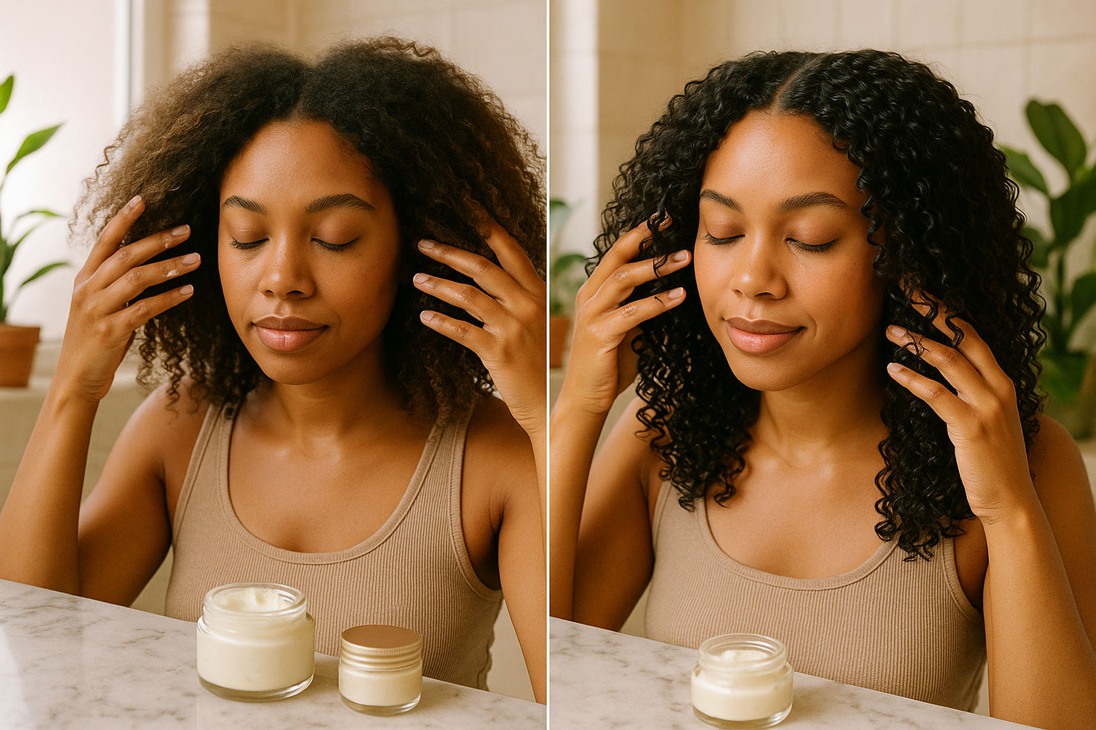 Is Shea Butter Goed Voor Je Haar? De Ultieme Gids voor Gezond en Gehydrateerd Haar 3 Lifestyle beauty image featuring diverse woman with gorgeous curly coarse hair applying shea butter treatment, hands working product through