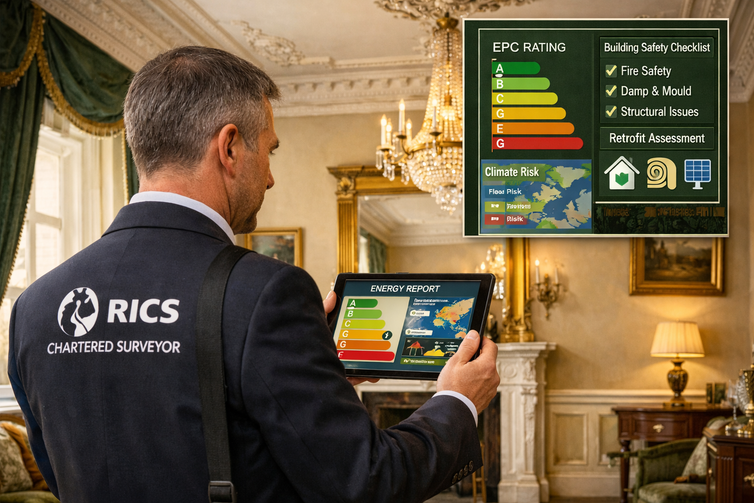 Detailed () editorial image showing a RICS chartered surveyor in professional attire conducting an inspection of a grand