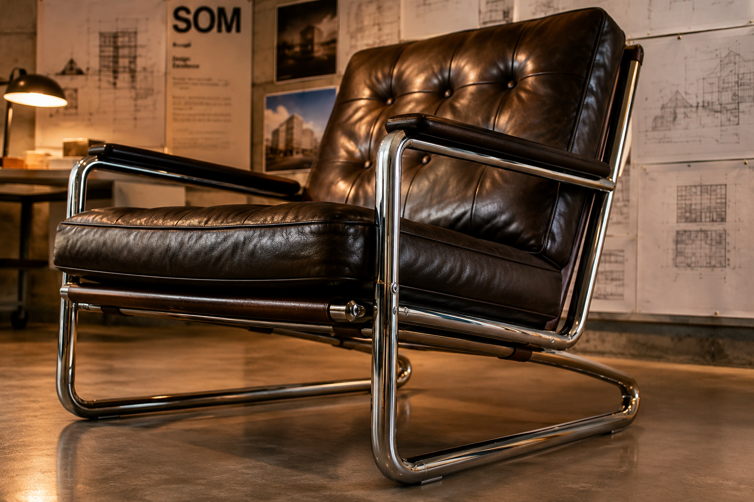 Halston Iconic Office Chairs Landscape format (1536x1024) editorial image showing a close-up detail shot of the SOM79 chair design: polished chrome tubular frame reflecting warm studio light, tufted dark espresso leather seat and back, viewed from a low 45-degree angle on a polished concrete floor. Background features architectural drawings and blueprints pinned to a drafting wall, suggesting the SOM design studio environment. Warm amber and silver color tones. Sharp product photography style with shallow depth of field highlighting the chair's craftsmanship and mid-century modernist lines. Halston Iconic Office Chairs