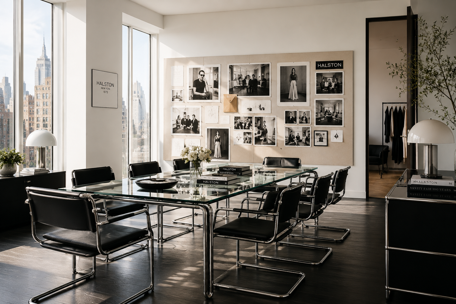 Halston Iconic Office Chairs Landscape format (1536x1024) editorial image depicting a wide-angle view of a contemporary 2026 executive office workspace styled with the SOM79 reissued chairs around a sleek chrome-and-glass conference table. Natural light streams through tall windows. The scene contrasts archival black-and-white photographs of Halston's original 1970s New York office pinned to a mood board on the wall beside the modern setup. Color palette: warm whites, deep blacks, brushed chrome. Architectural Digest-style interior photography, aspirational workspace aesthetic. Halston's Iconic Office Chairs Reissued by SOM for 2026: The Launch and Cultural Context