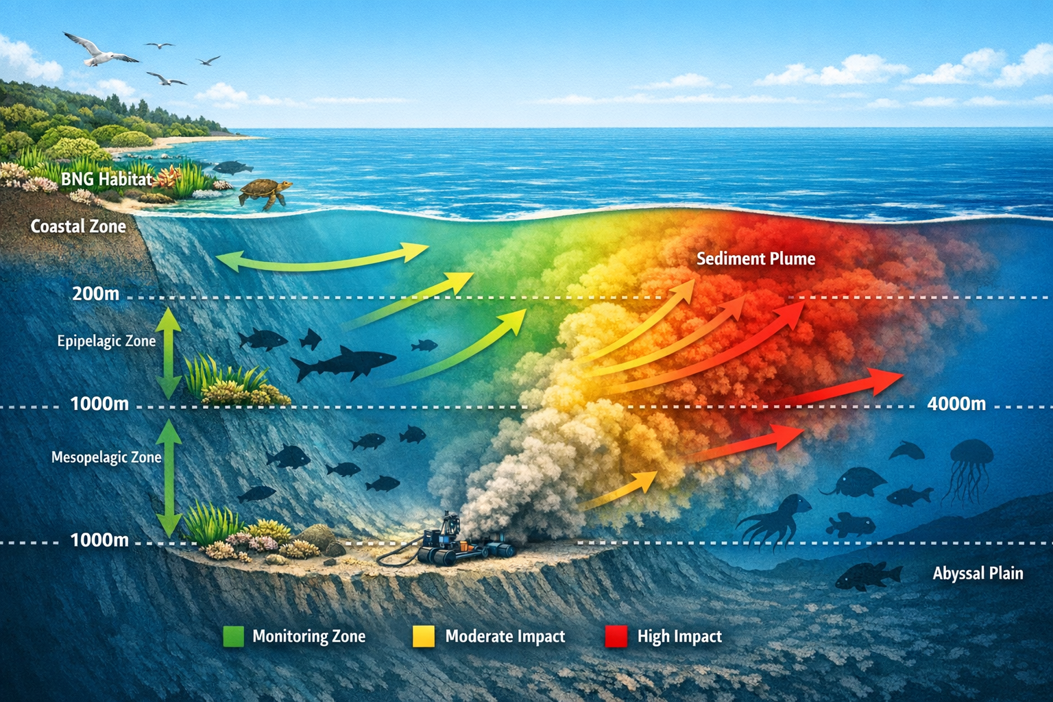 Detailed () image showing cross-section diagram of ocean depths from coastal zone to abyssal plain, with labeled depth