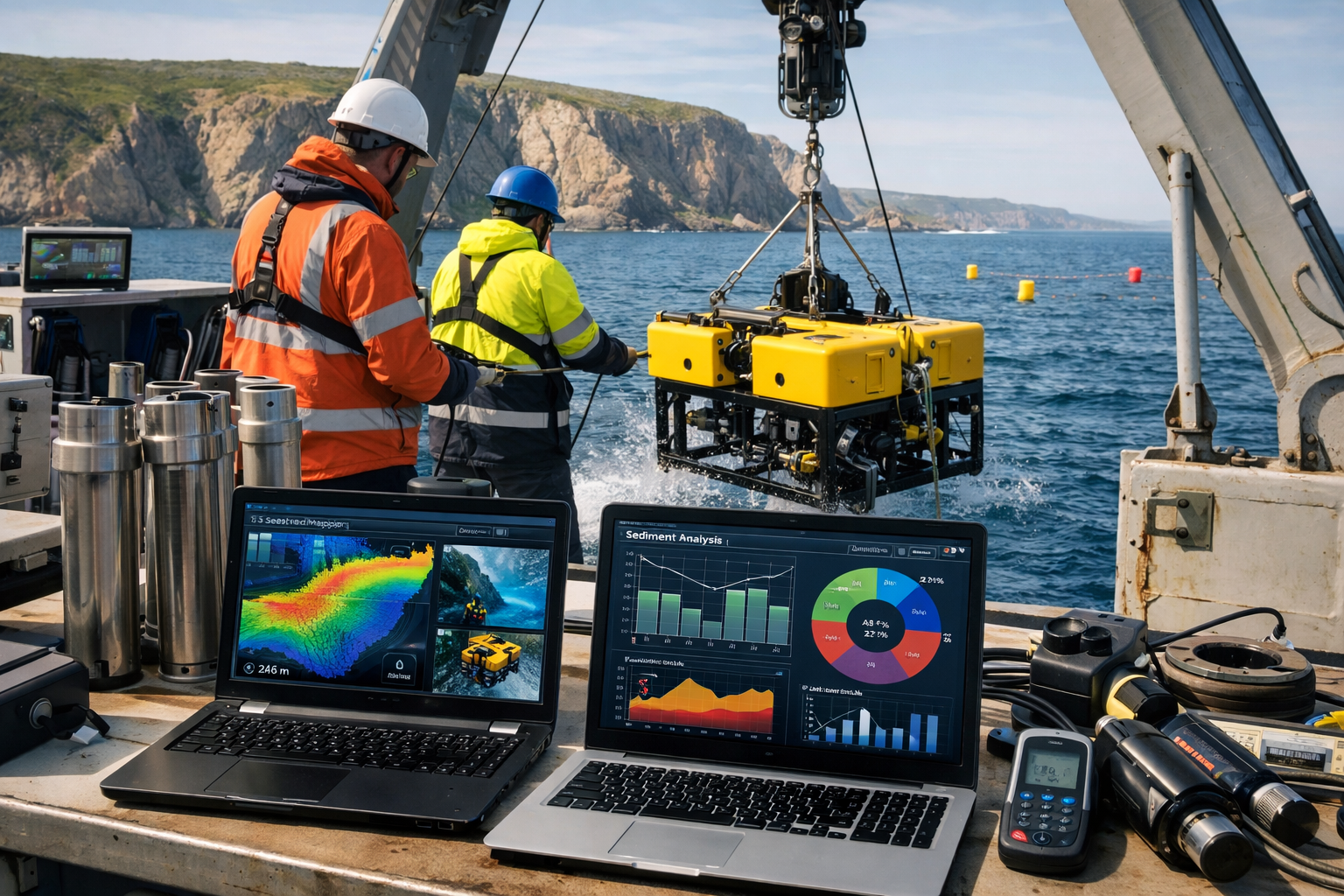 Detailed () image showing research vessel deck scene with marine surveyors operating yellow ROV (remotely operated vehicle)