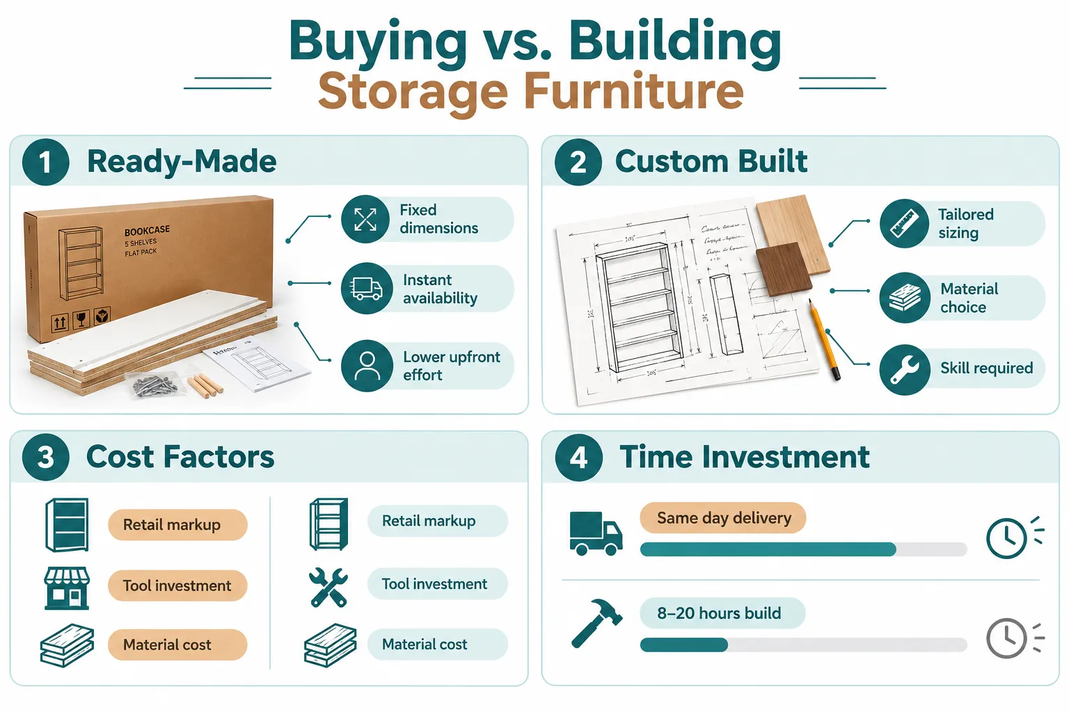 Four-panel labelled comparison infographic () for 'Buying vs. Building Storage Furniture': Panel 1 labeled 'Ready-Made'