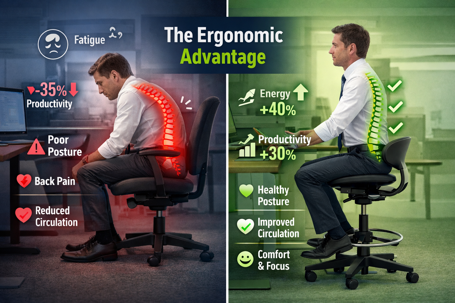 Compelling landscape format (1536x1024) split-screen comparison infographic showing workplace wellness benefits: left side displays professi
