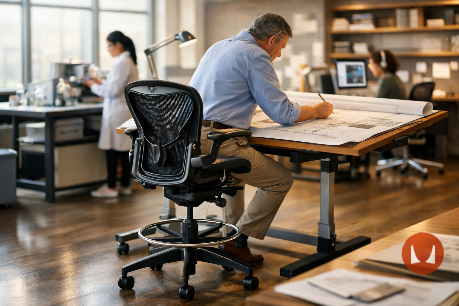 Sophisticated landscape format (1536x1024) lifestyle photograph showcasing Herman Miller Aeron drafting stool in premium professional enviro