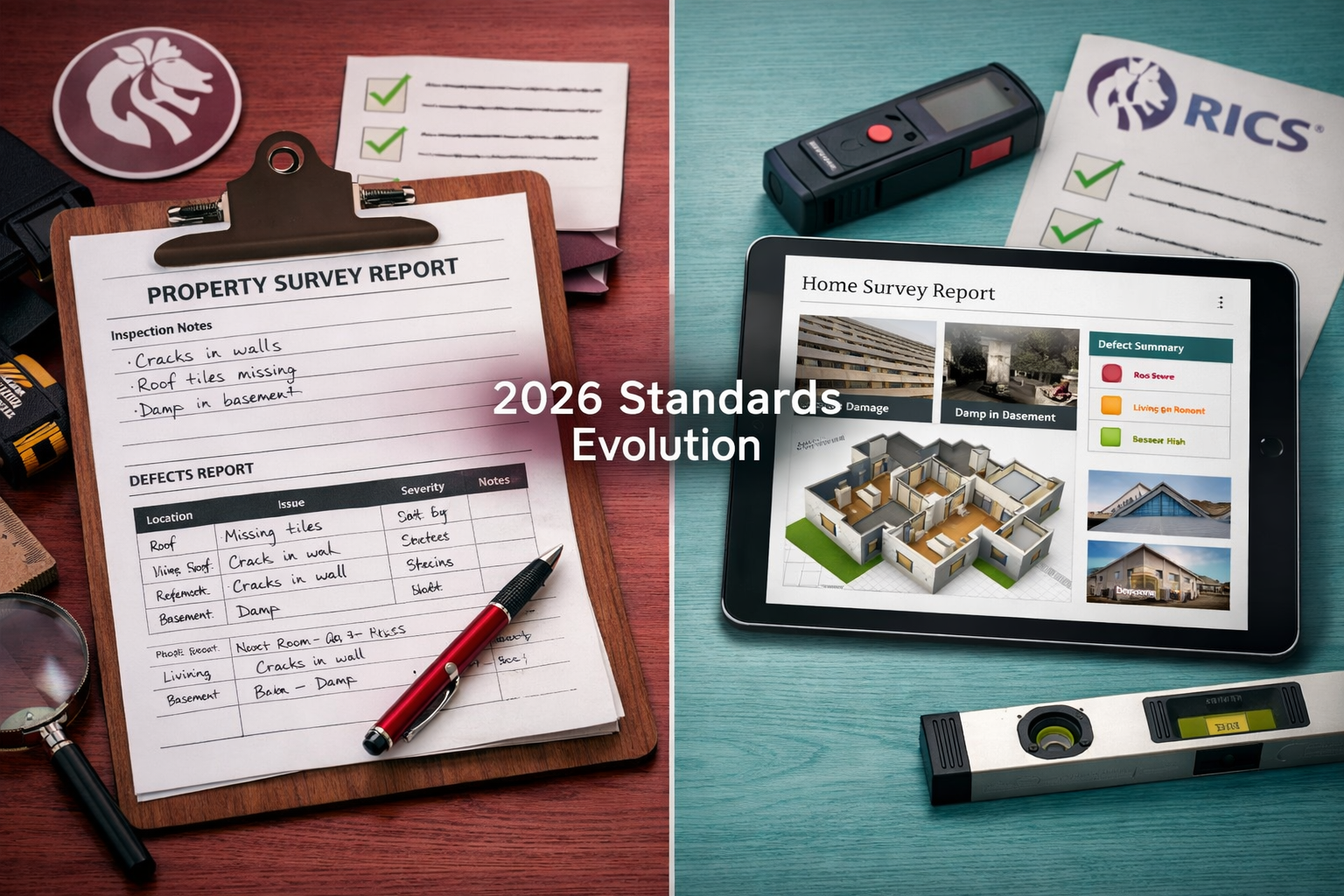 Landscape format (1536x1024) editorial image showing split-screen composition: left side displays traditional paper-based survey report with