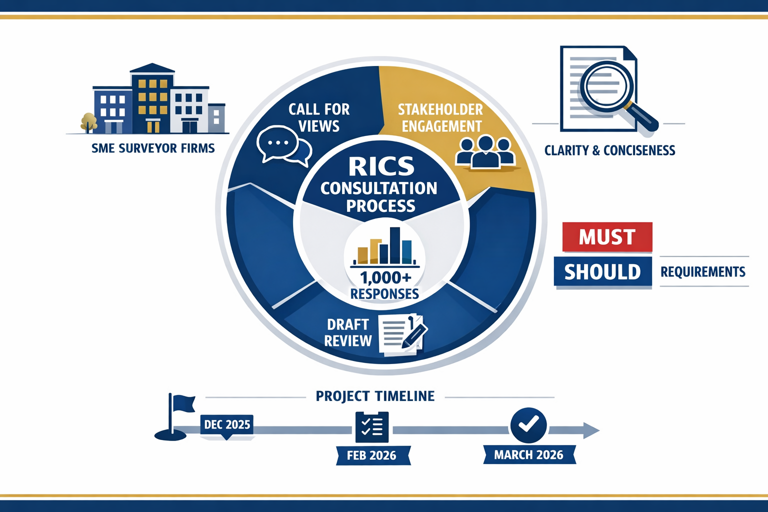 Landscape format (1536x1024) infographic-style image featuring central circular diagram showing RICS consultation process with 1,000+ respon