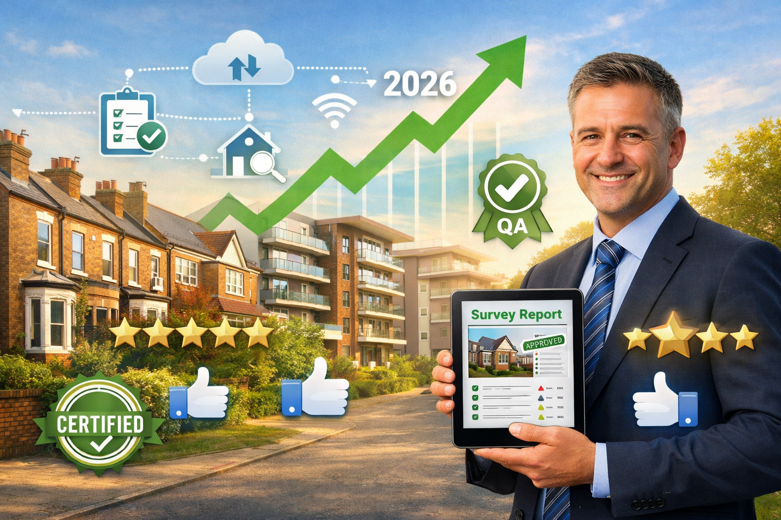 Landscape format (1536x1024) conceptual image showing British property market recovery in 2026: upward trending graph overlay on backdrop of