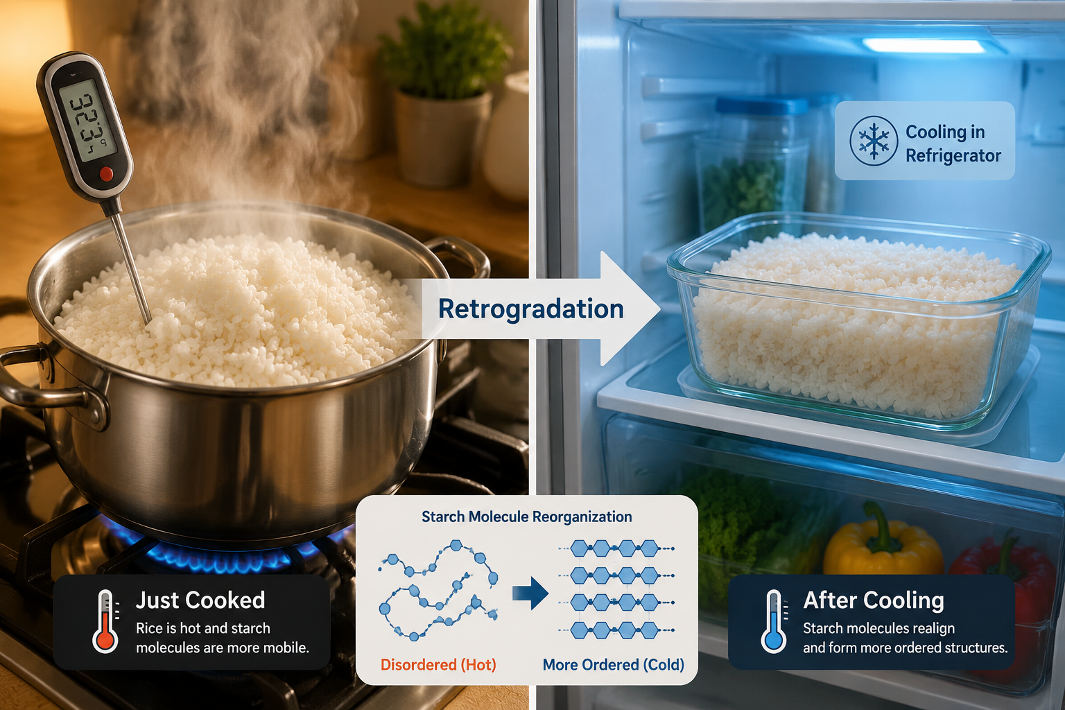 Detailed () split-panel kitchen scene showing left side: a steaming pot of freshly cooked white rice on a stovetop with a