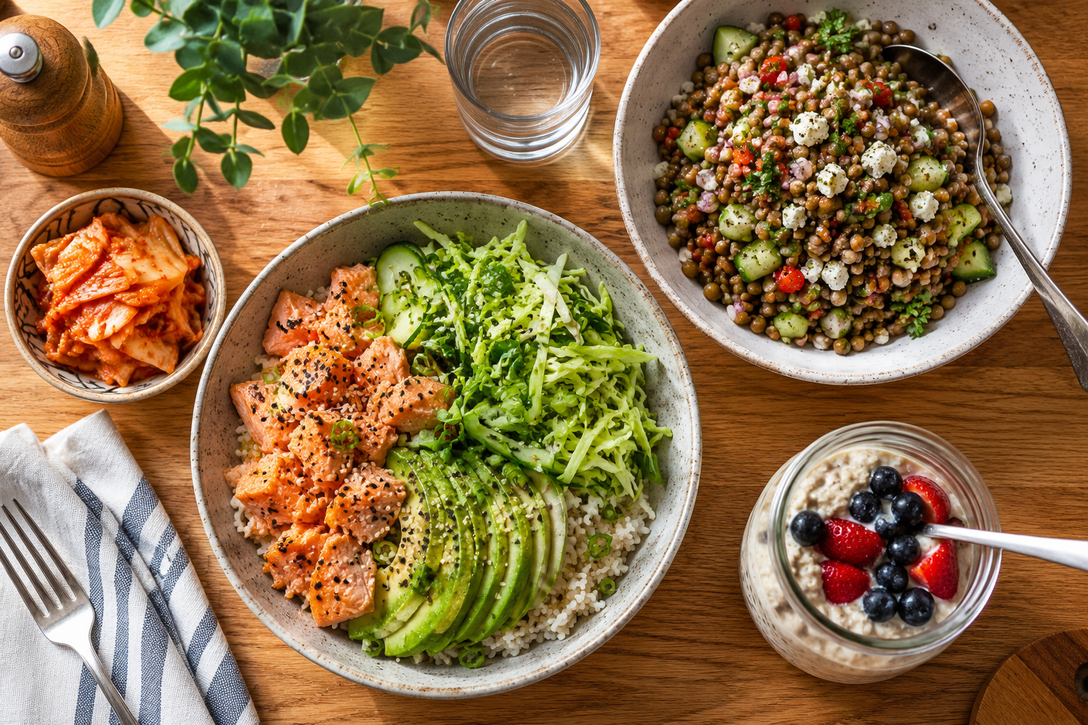 Detailed () top-down view of a well-composed gut-friendly meal spread on a wooden dining table showing a chilled rice bowl