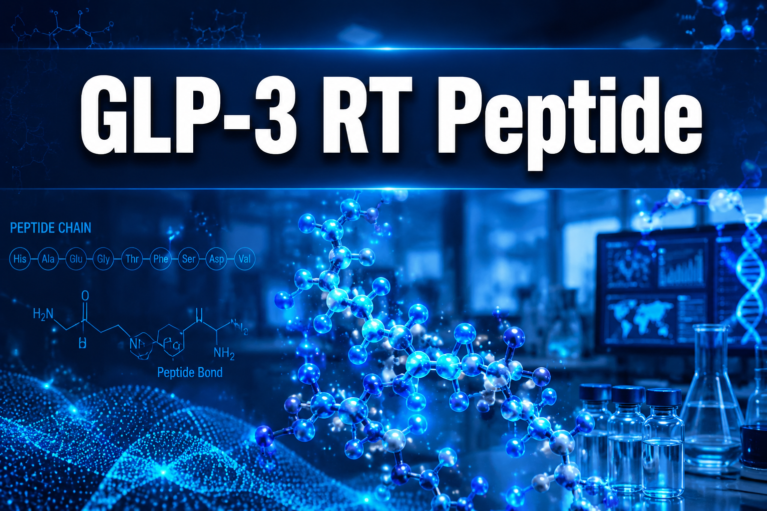 Professional () hero image with 'GLP-3 RT Peptide' in extra large white with deep effect, centered in upper third.