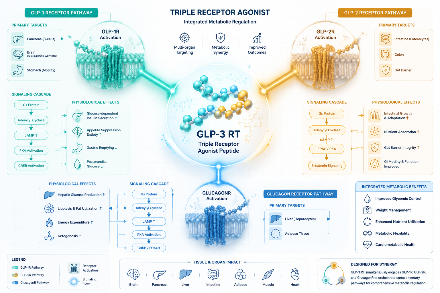 Detailed () scientific illustration showing a triple receptor agonist mechanism diagram — GLP-1, GLP-2, and glucagon