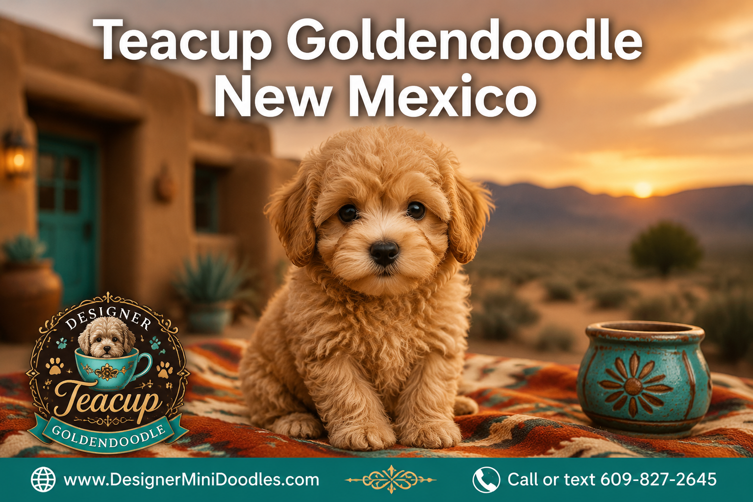 Professional () magazine-cover hero image with 'Teacup Goldendoodle New Mexico' in white with subtle dark , centered in