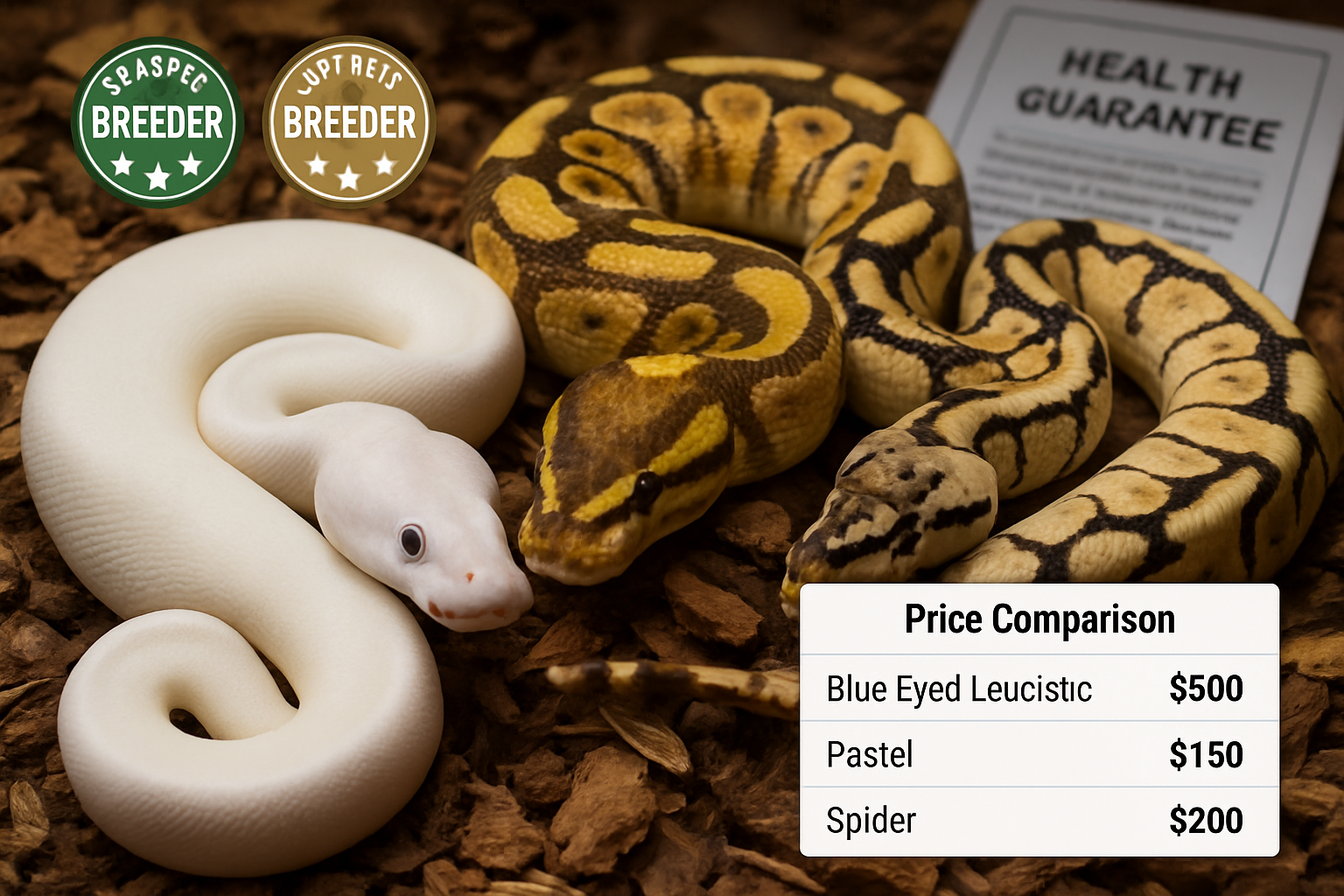 Close-up professional photograph of stunning ball python morphs including blue-eyed leucistic, pastel, and spider morphs arranged on natural