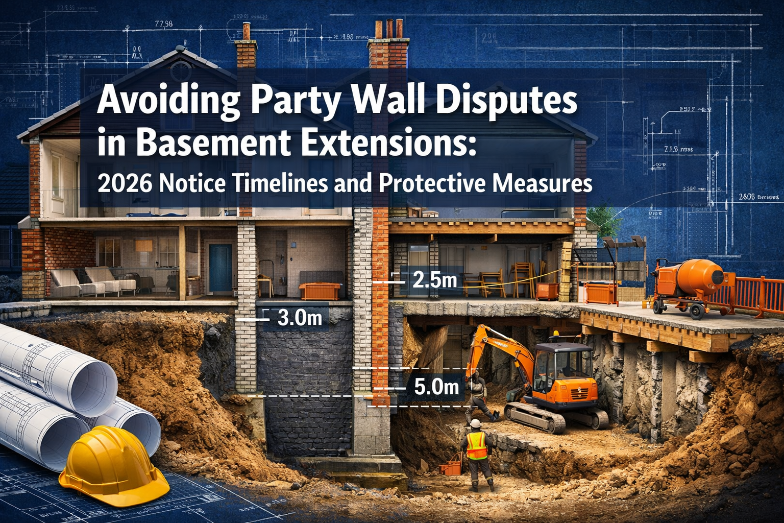 Professional () hero image featuring 'Avoiding Party Wall Disputes in Basement Extensions: 2026 Notice Timelines and
