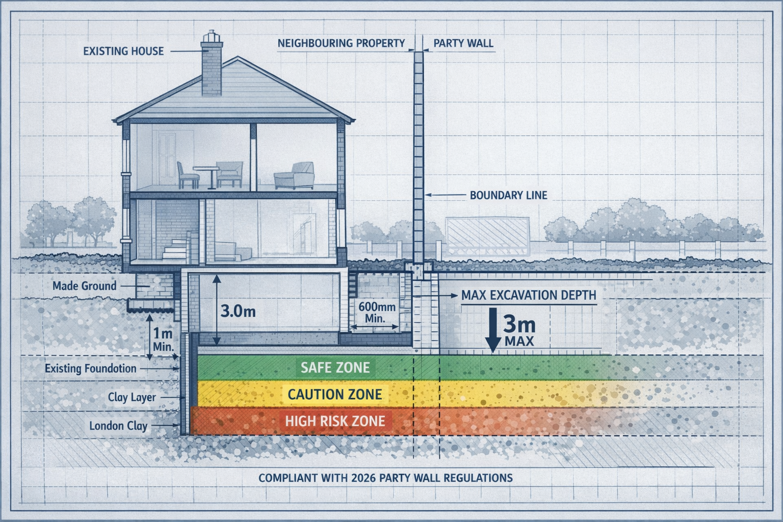 Technical architectural cross-section illustration showing precise excavation depth regulations for basement extensions,