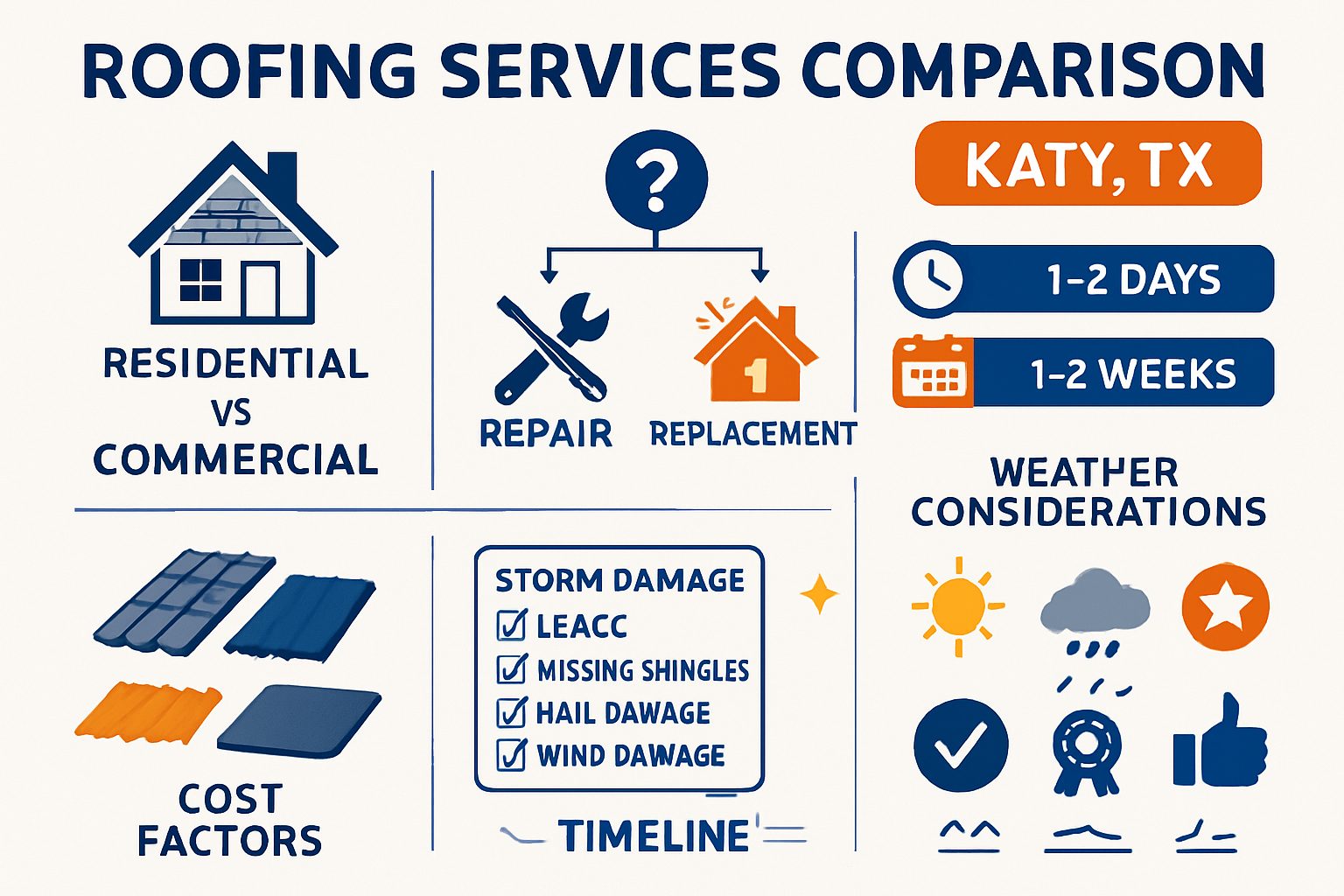 Detailed infographic showing roofing services comparison chart for Katy TX area, featuring residential and commercial roofing options, repai