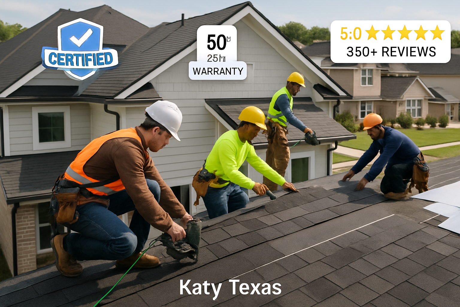 Professional photograph of diverse roofing contractors team working on modern Katy Texas home, showing safety equipment, quality materials, 
