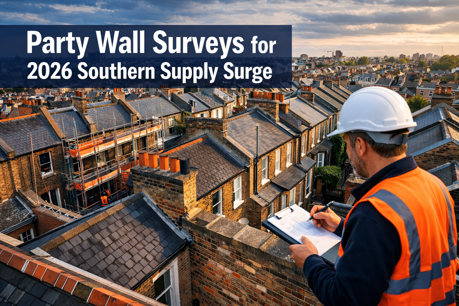 Professional () editorial hero image featuring 'Party Wall Surveys for 2026 Southern Supply Surge' in extra large white with