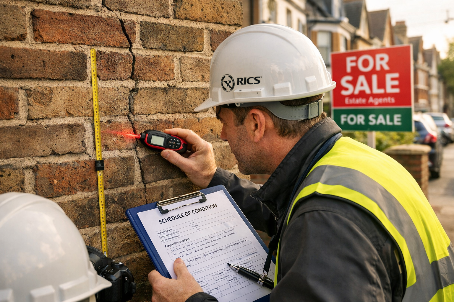 Detailed () image showing professional RICS chartered surveyor conducting party wall inspection between two semi-detached