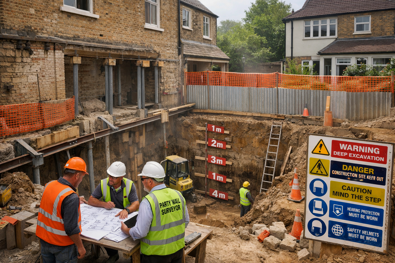 Wide-angle () image depicting construction site in South East England showing basement excavation work adjacent to party