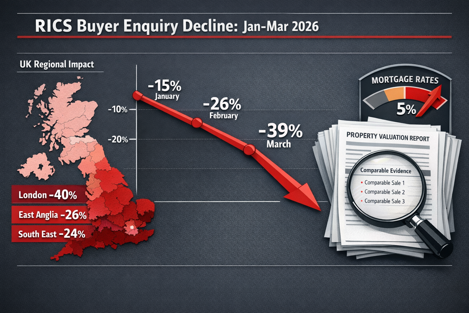 () detailed infographic showing RICS buyer enquiry decline timeline from January to March 2026, featuring red downward
