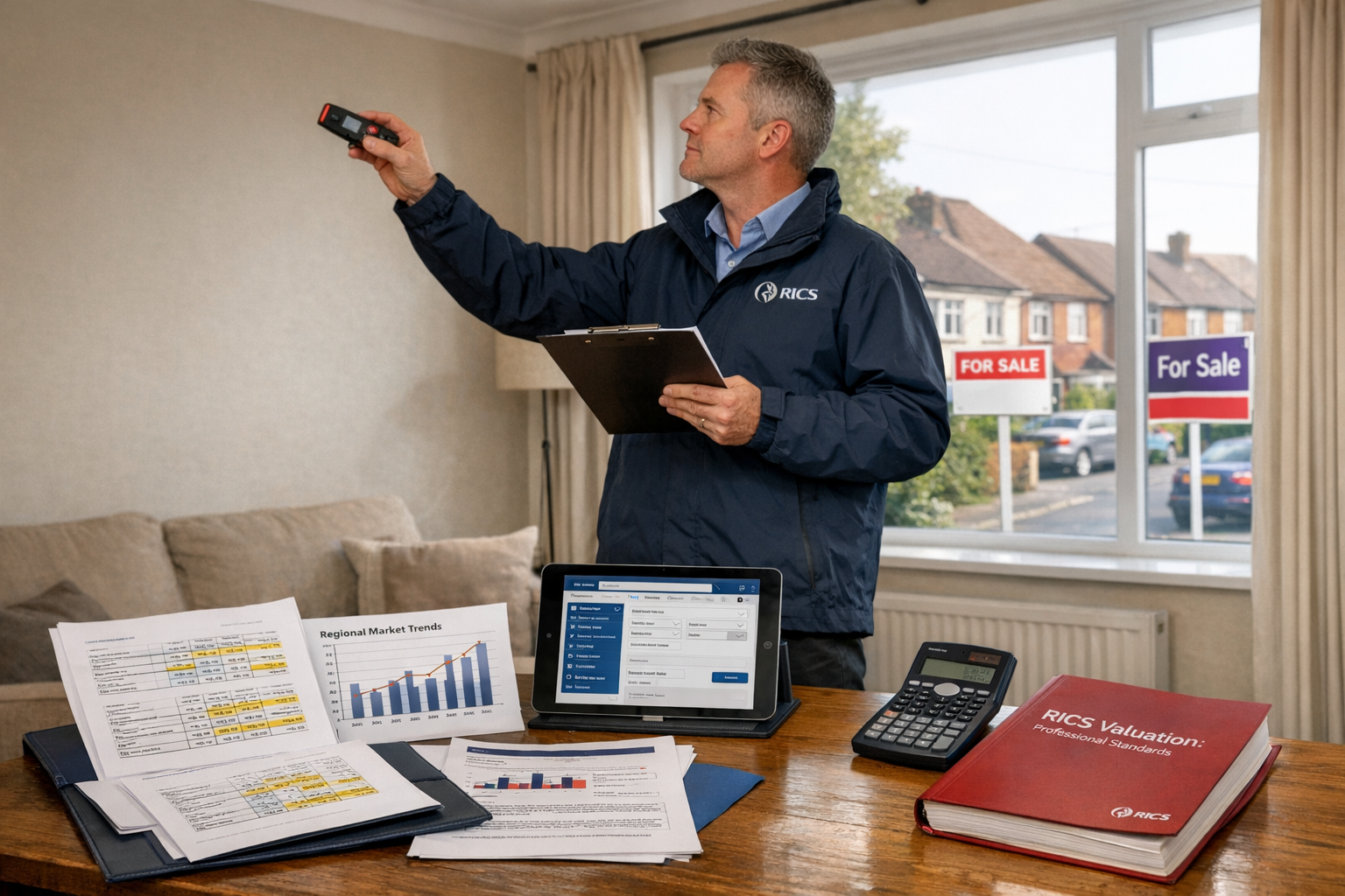 () professional scene showing RICS surveyor conducting property inspection in Southern England residential property,