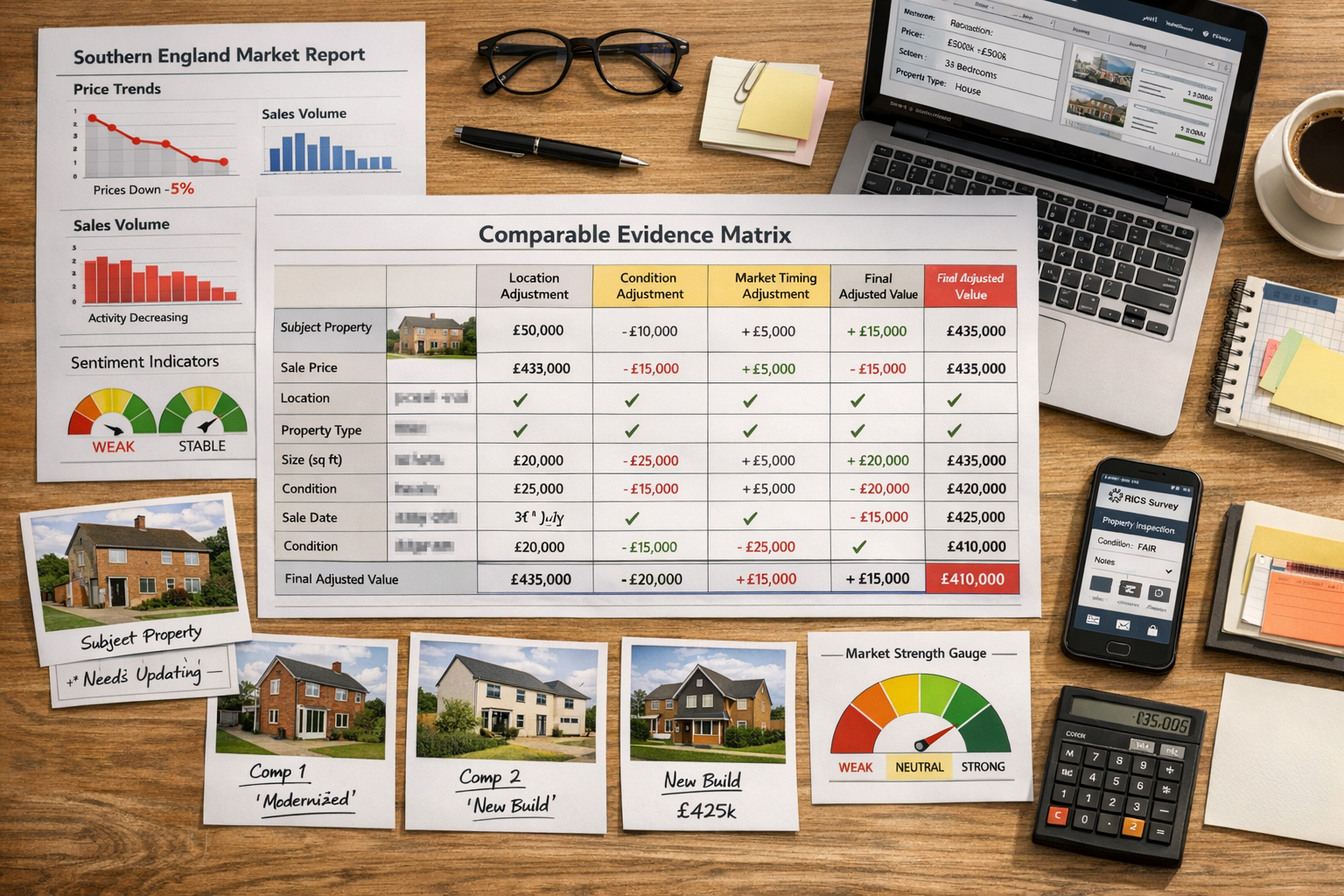 () strategic planning visualization showing surveyor's desk from overhead perspective with multiple assessment documents