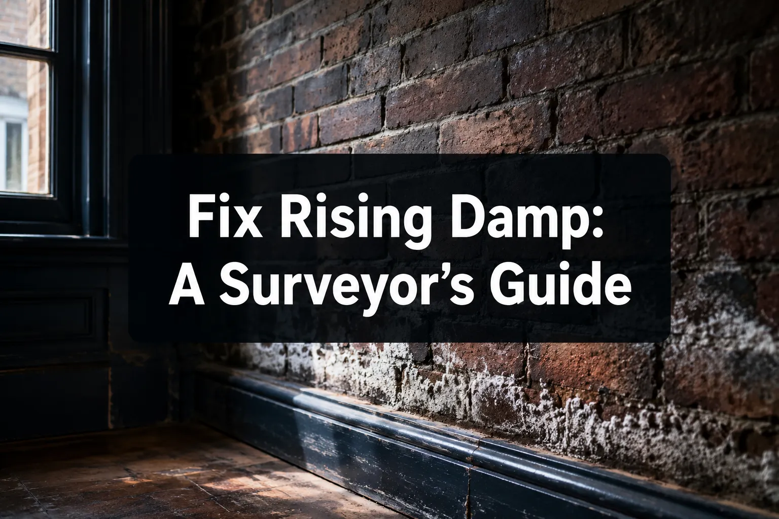 Professional () hero image with 'Fix Rising Damp: A Surveyor's Guide' in crisp white on a dark semi-transparent panel,