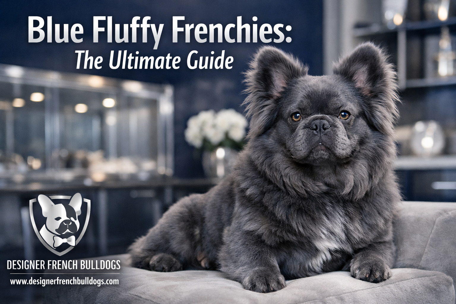 Professional landscape format (1536x1024) hero image featuring a stunning blue fluffy French Bulldog with luxurious long coat in rich blue-g