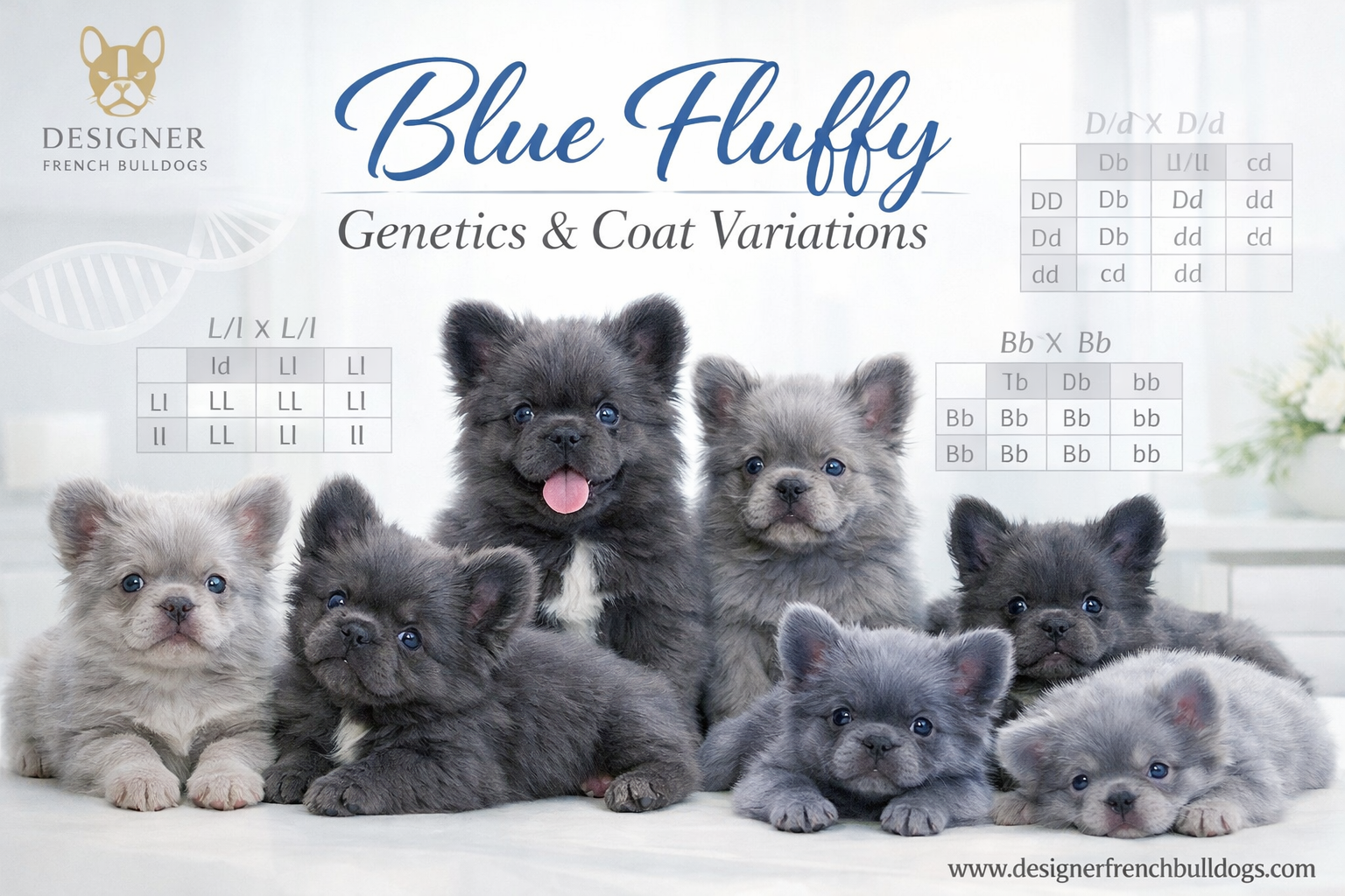 Landscape format (1536x1024) image showing multiple blue fluffy French Bulldog puppies in various shades from light blue-gray to deep steel