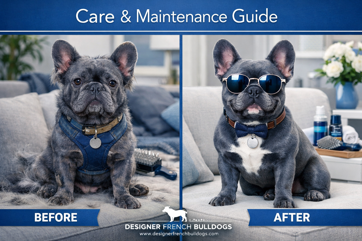 Professional landscape image (1536x1024) featuring blue fluffy French Bulldog in a modern home setting, showcasing ideal living environment.