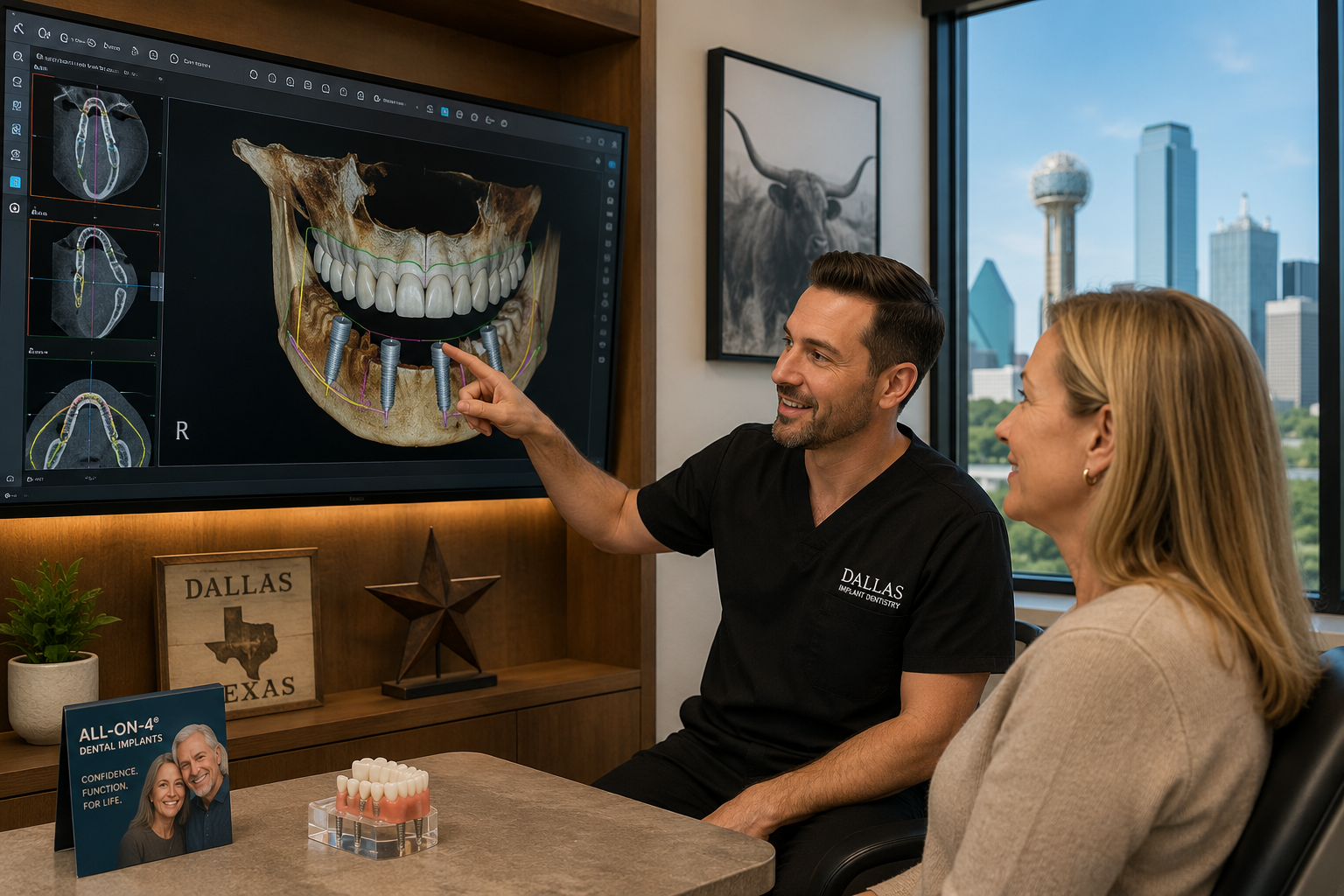 A visually engaging () image of a dental consultation scenario, featuring a patient and a dentist reviewing a 3D dental scan