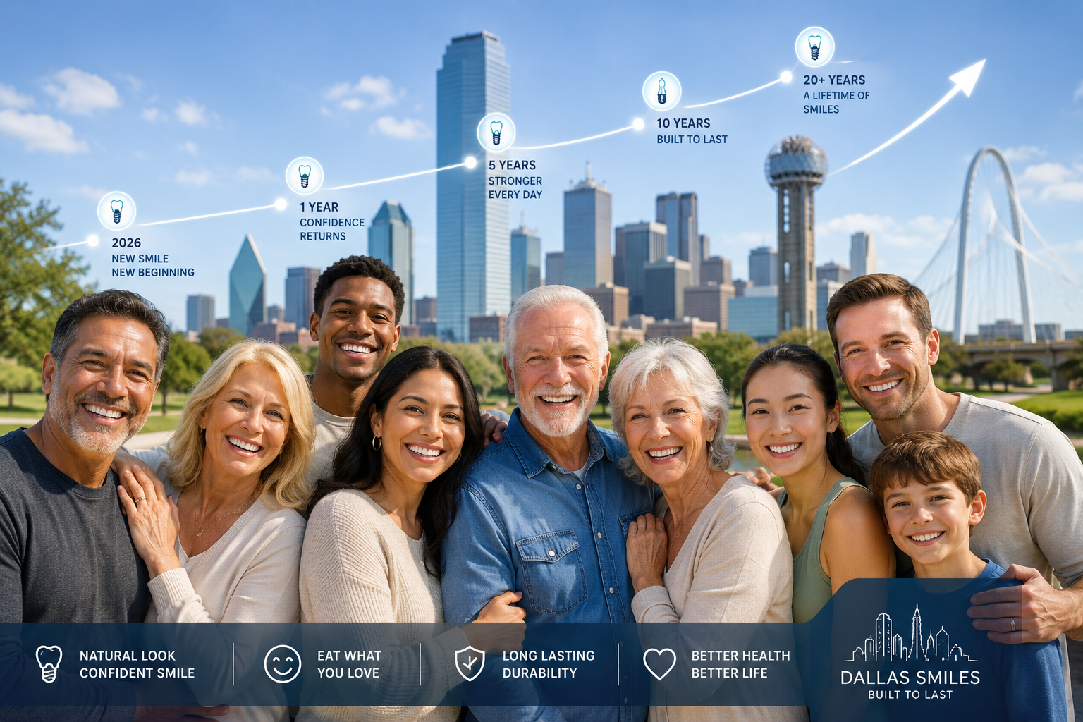 A () image showing a diverse group of happy, smiling individuals of various ages, reflecting the successful long-term