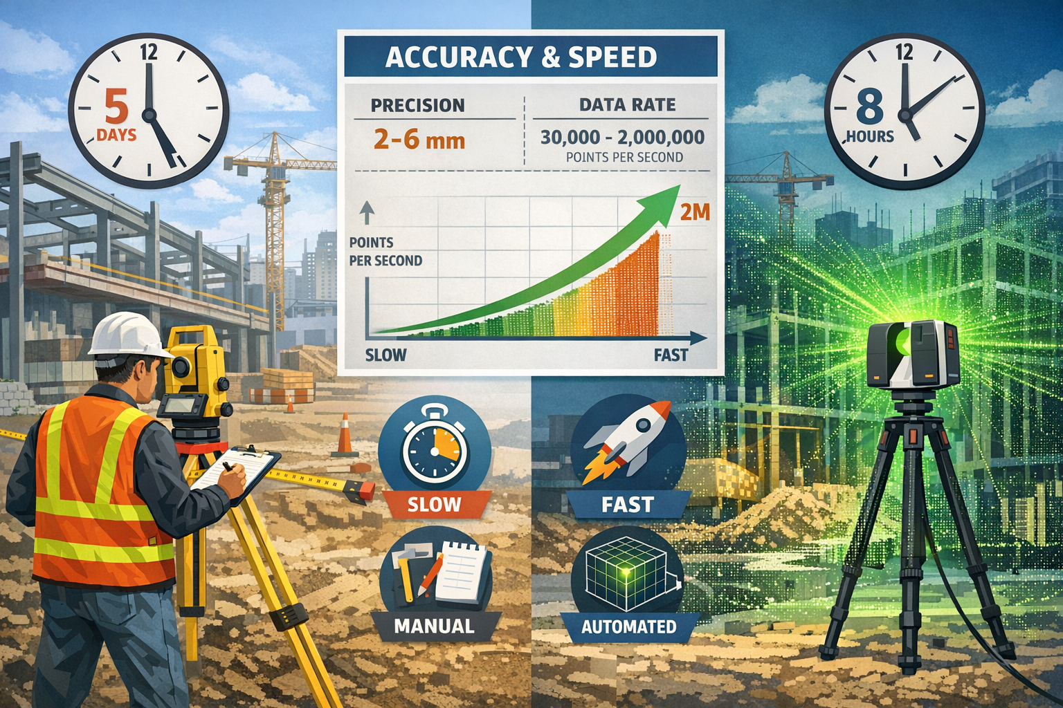 Detailed landscape format (1536x1024) illustration showing side-by-side comparison of traditional surveying versus 3D laser scanning workflo