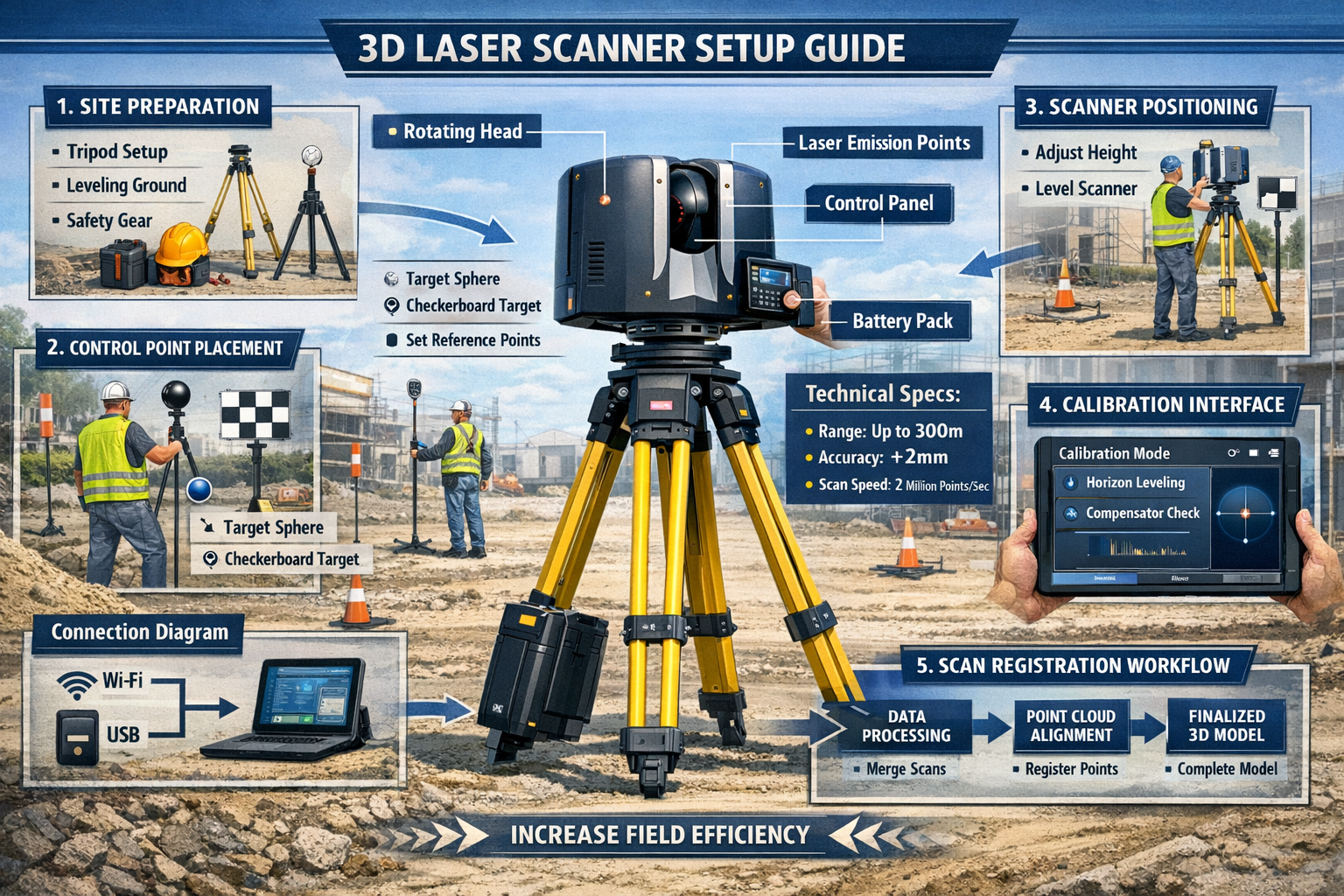 Comprehensive landscape format (1536x1024) technical setup guide visualization showing 3D laser scanner equipment configuration. Main focus: