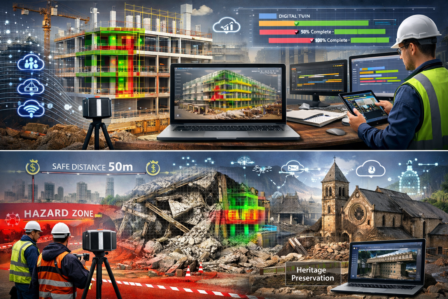 Advanced landscape format (1536x1024) multi-application showcase displaying 3D laser scanning in construction progress monitoring and disast